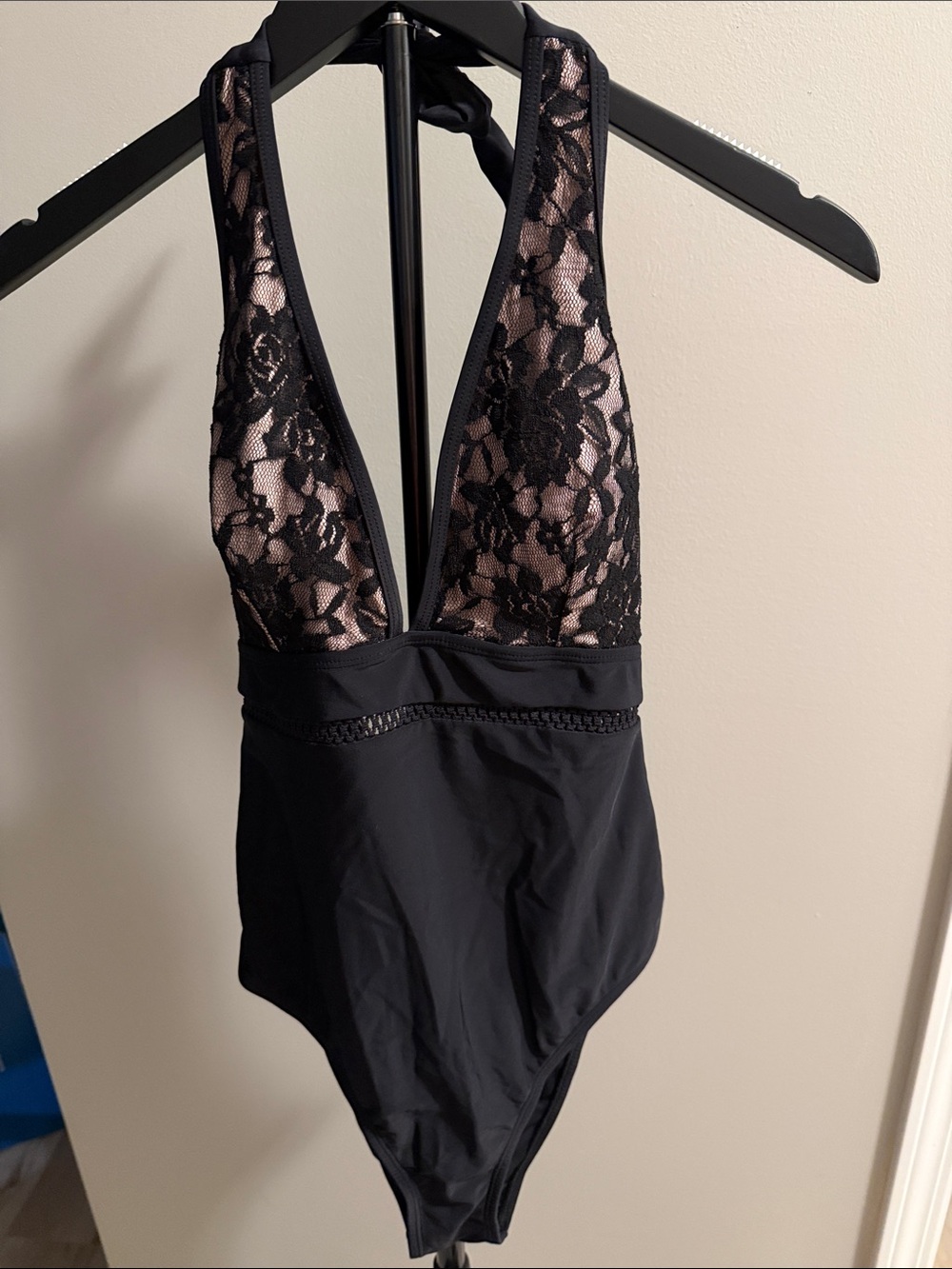 Cupshe Black Lace Plunge One-Piece Bandeau Swimsuit with Nude Lining